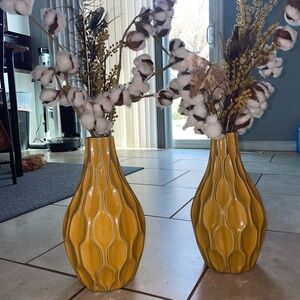Yellow Ceramic Vase with Cotton Stems